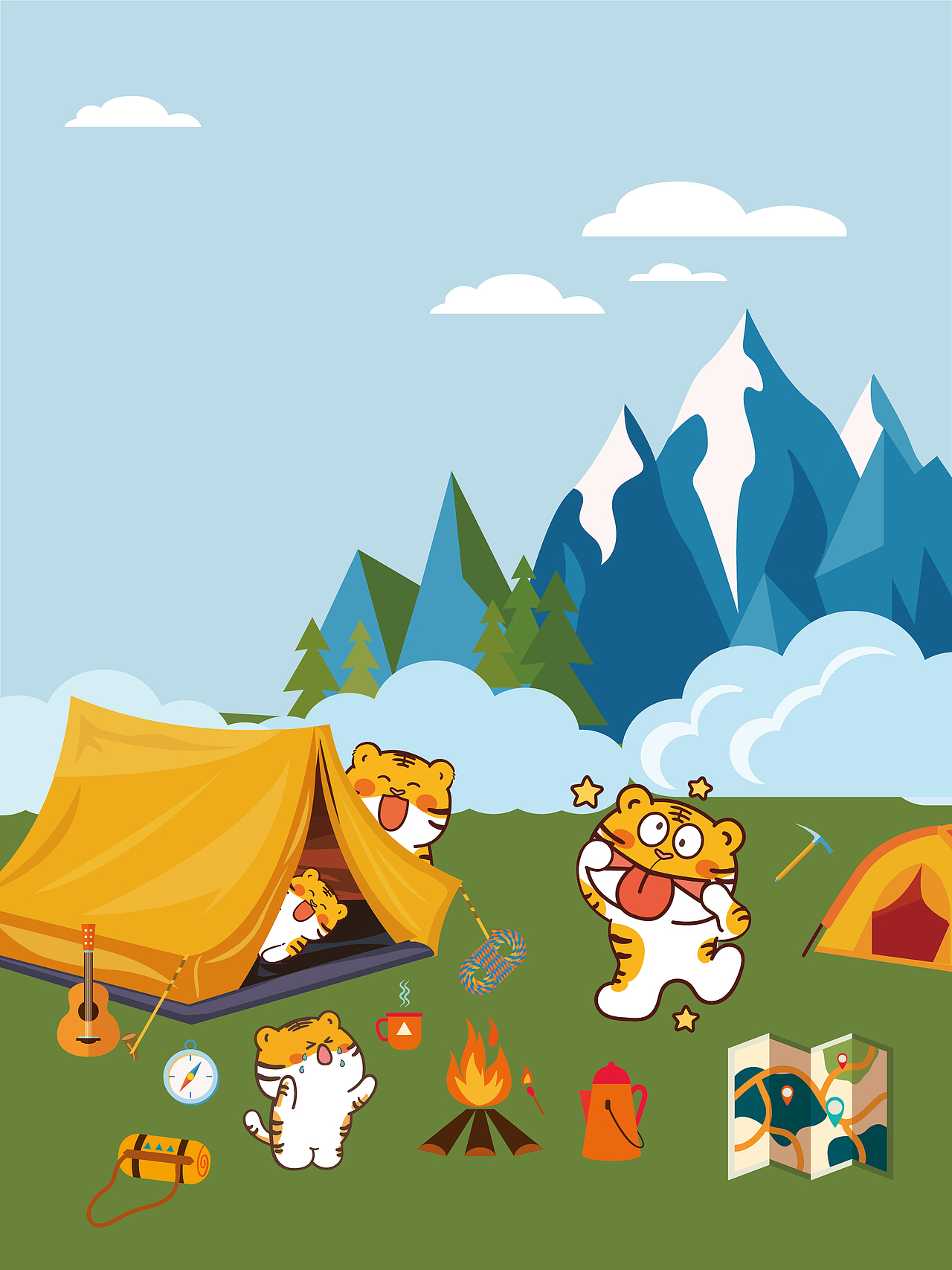 虎萌萌ip卡通形象设计插画表情包五一旅游露营海报