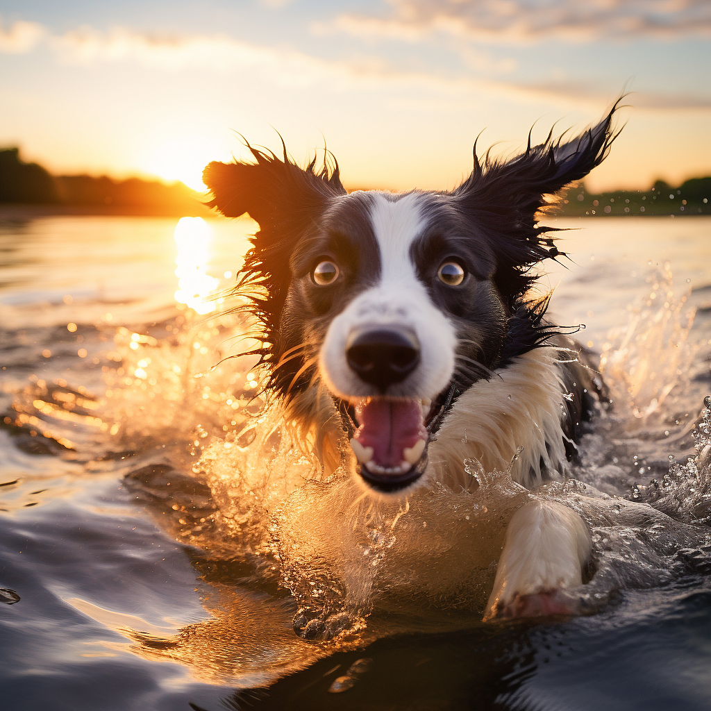 欢快明亮的边境牧羊犬在日落时分的河中游泳