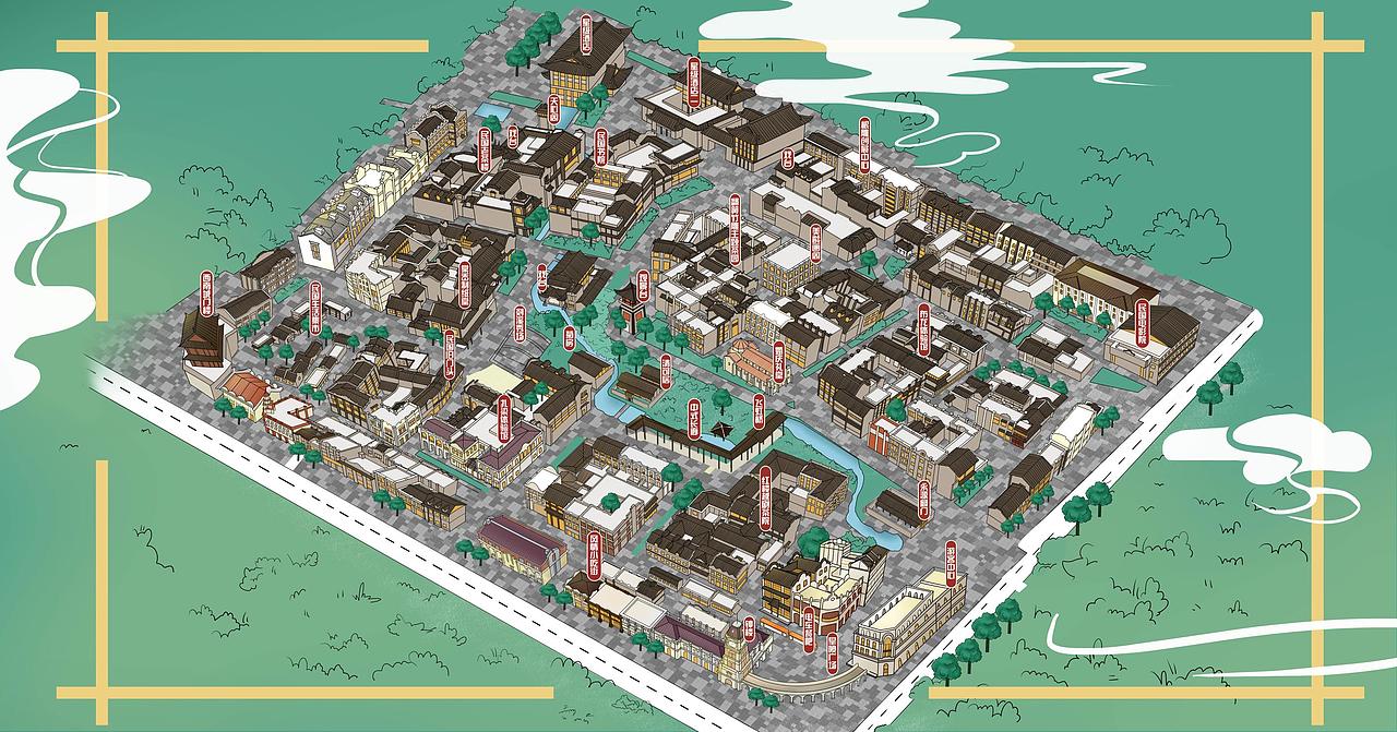 民国小镇手绘地图定制景区城市乡镇美丽村庄h5程序设计（图ZMjAzMjEzODYw） - 商业插画 - 站酷设计师手绘地图原创素材 - 站酷ZCOOL