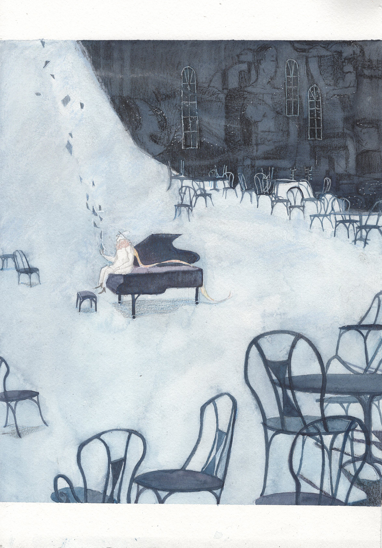 是根据音乐创作插画,我选择了电影《海上钢琴师》的配乐来画,是一次很