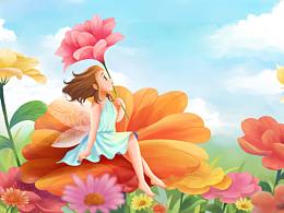 立春花仙子坐花丛中