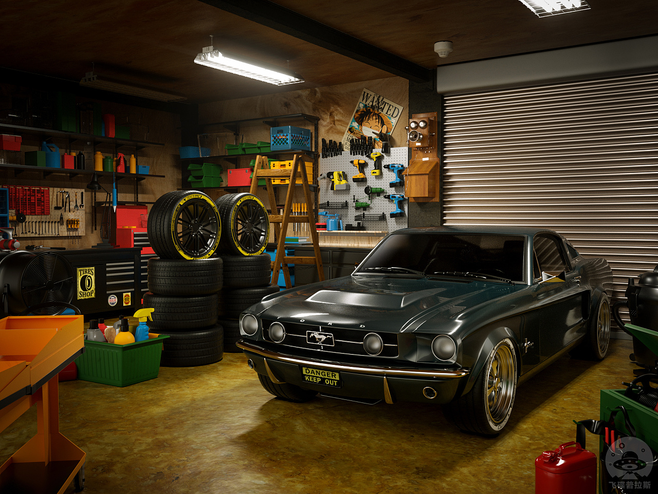 车库场景福特野马1967产品渲染