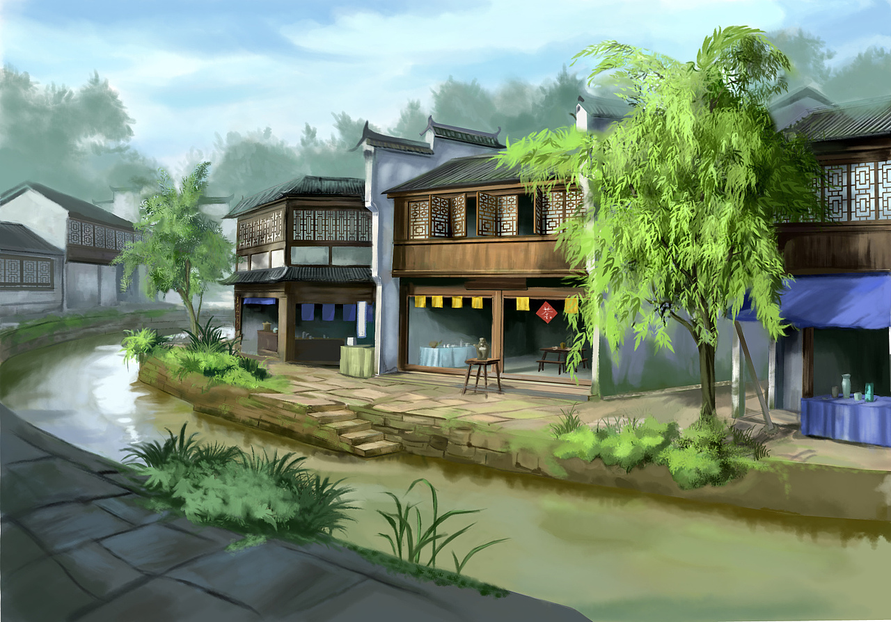 茶楼风景插画cg