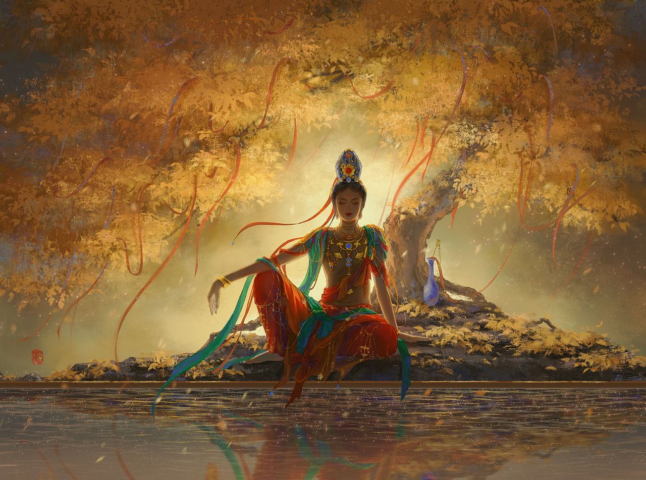 水月观音（图ZMzQzOTUxNTcy） - 艺术插画 - 站酷设计师一只囤囤虎原创素材 - 站酷ZCOOL