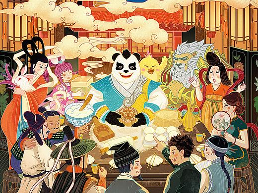 神武3无忧饼坊中秋月饼大礼盒插画设计