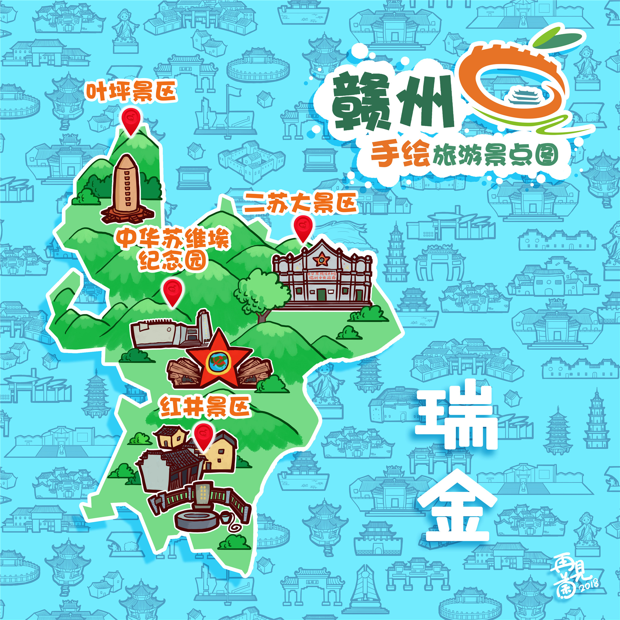赣州手绘旅游景点图