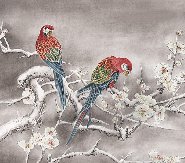 卢芳工笔画雪景鹦鹉
