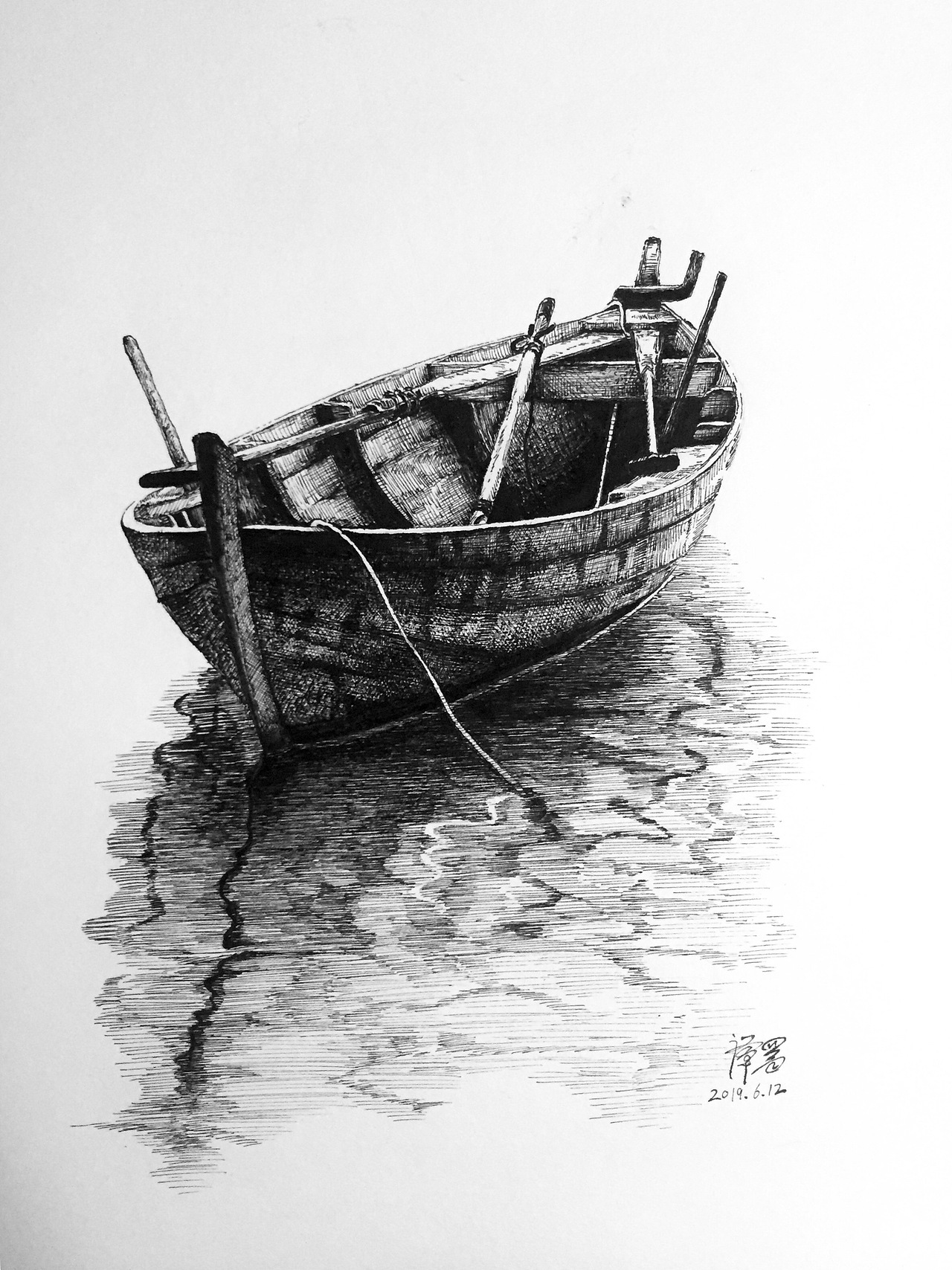 【谭伯虎】钢笔画～一叶轻舟