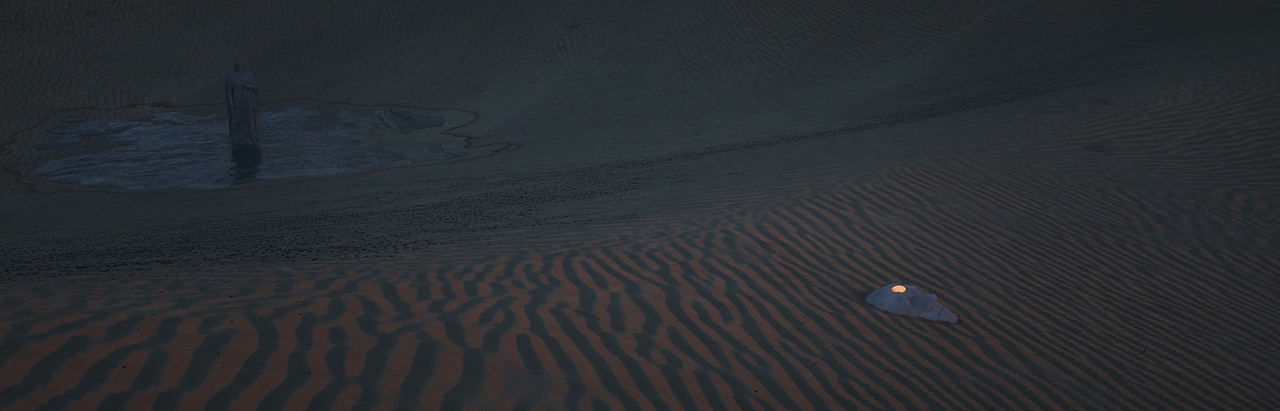 主角面具醒来  画面后有一个沙漠绿洲水地  矗立着片尾的雕像  隐喻主角内心已经被荒凉的沙漠覆盖