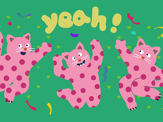 粉色波点猫插画 节日快乐 庆祝 高兴小猫咪印花图案