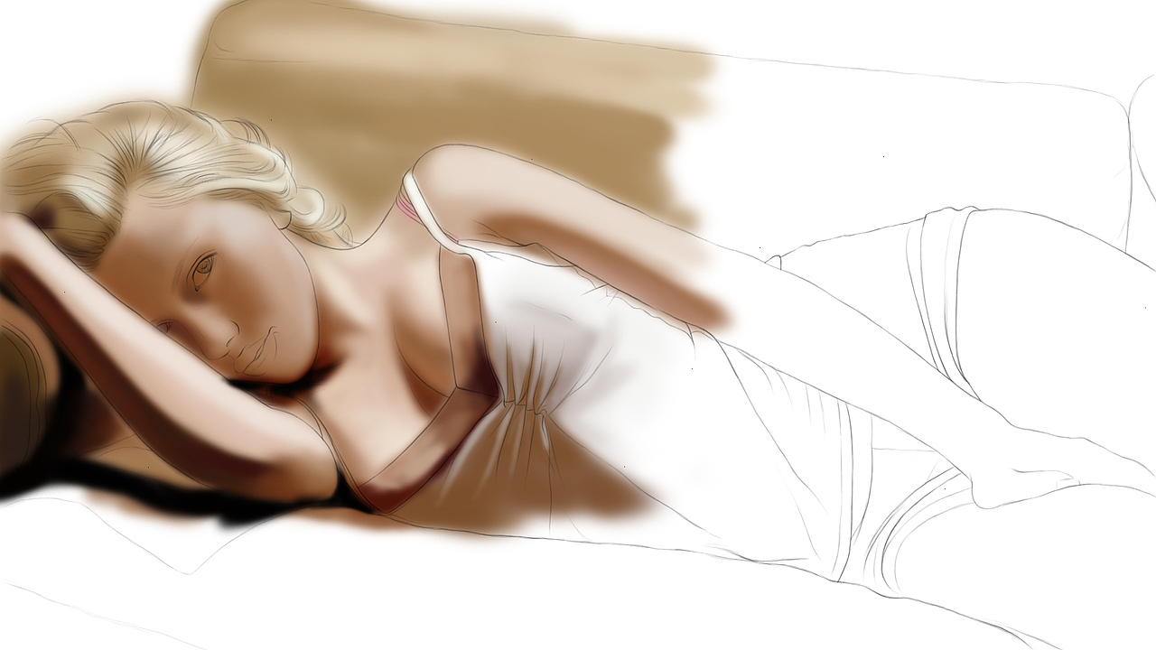 002-底色1
在线稿之下新建图层,分别绘制头发、皮肤以及沙发背景的底色<br>使用自带的圆滑笔刷,这种笔刷的边缘十分的模糊,绘制底色很好<br>先用大直径铺地色,后用小直径勾出大致细节