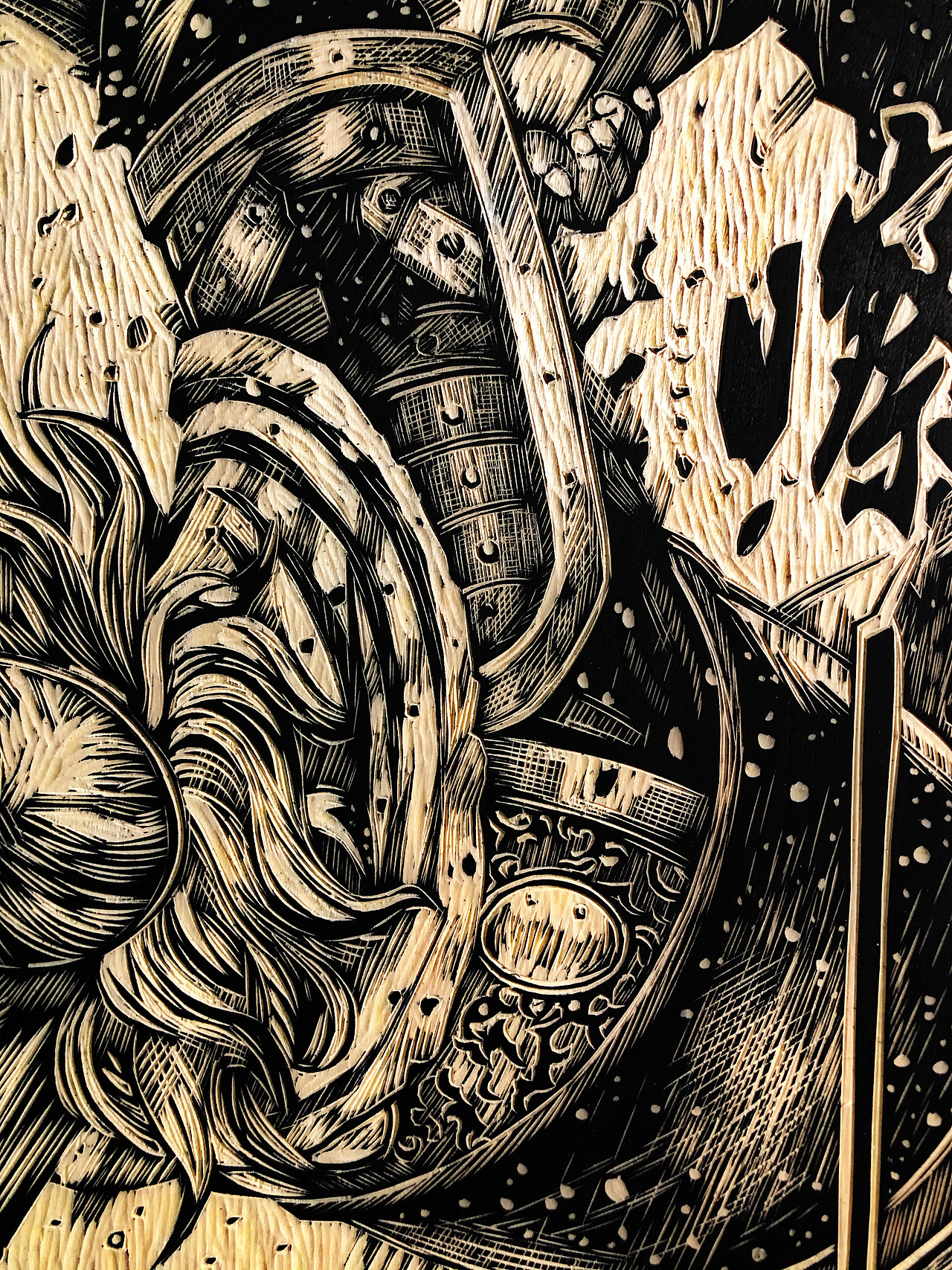 手工雕刻黑白木刻版画【火凤燎原】