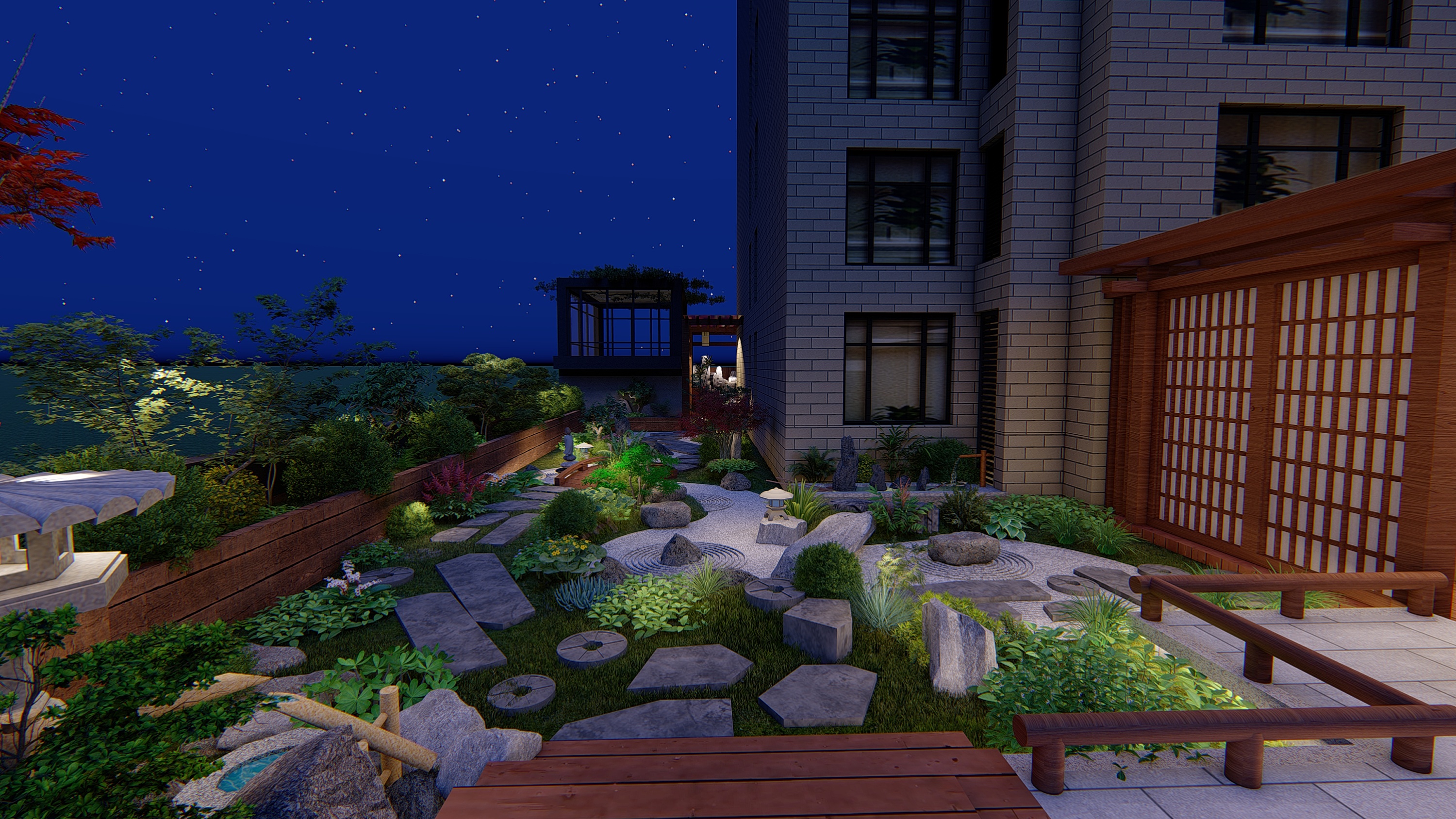 日式枯山水别墅庭院设计楼顶花园设计师焦学杰