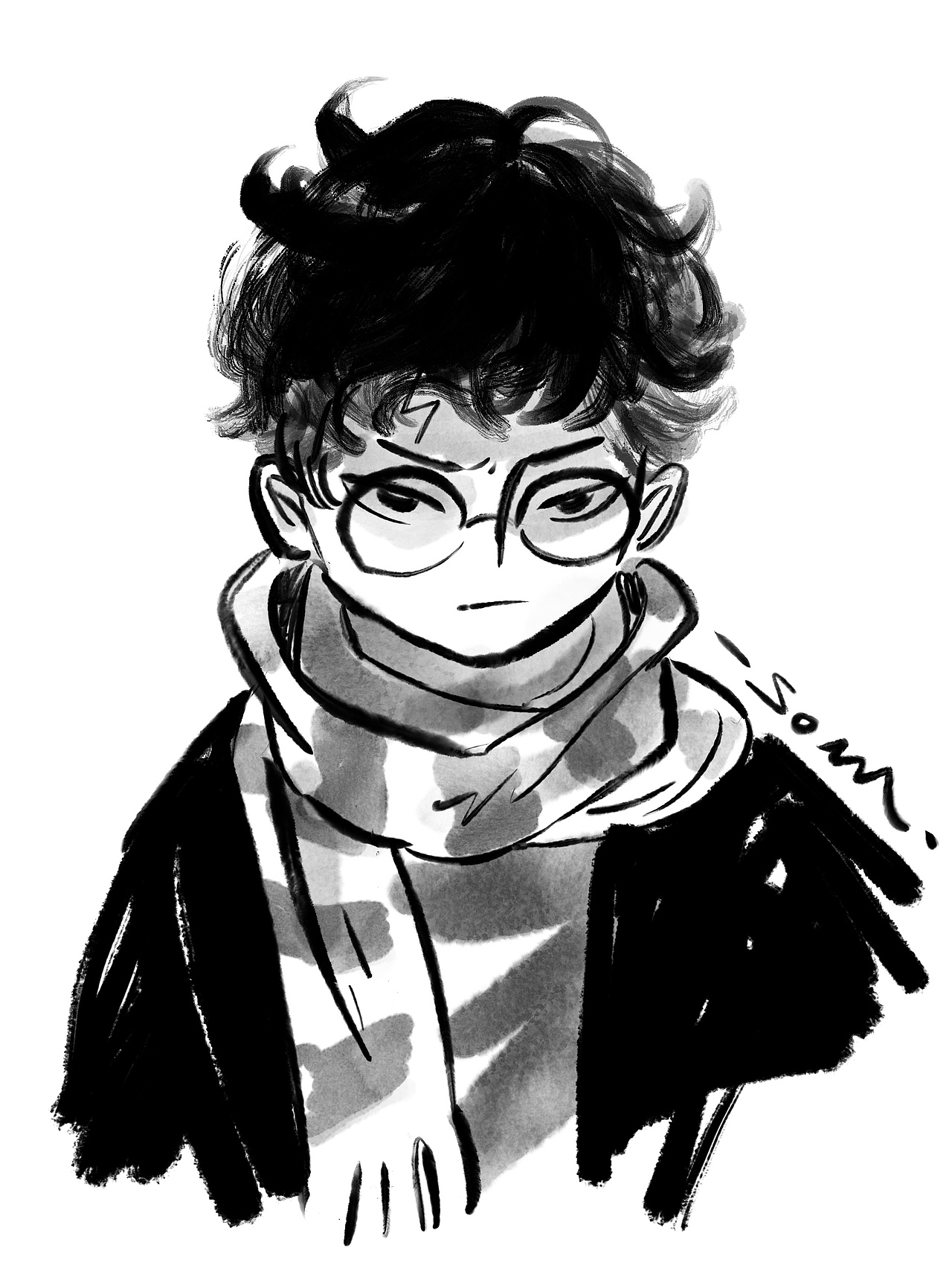 哈利波特黑白水墨插画设计