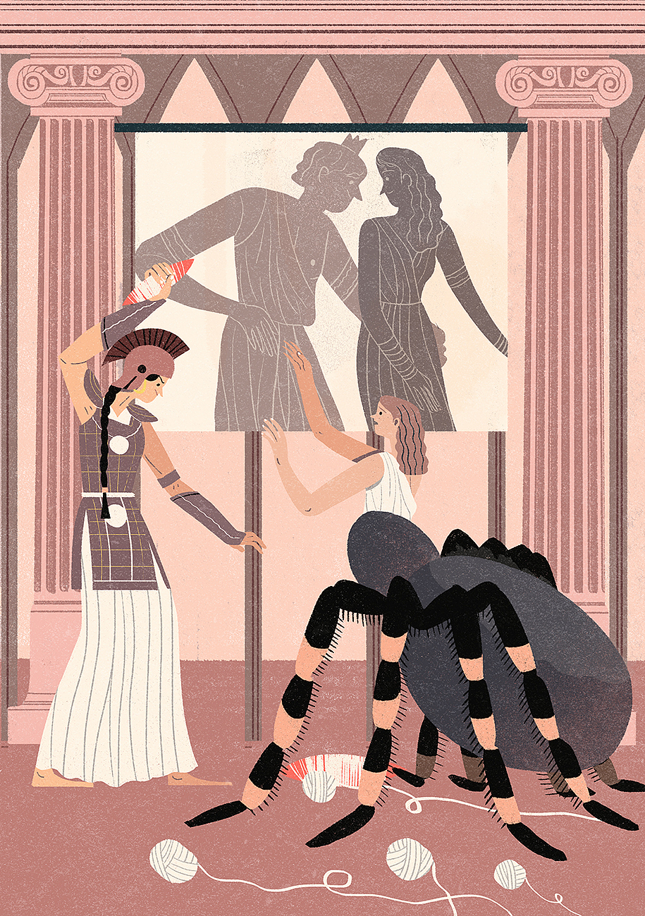 阿拉克尼故意在图案中织出了显示众神缺点和错误的主题.