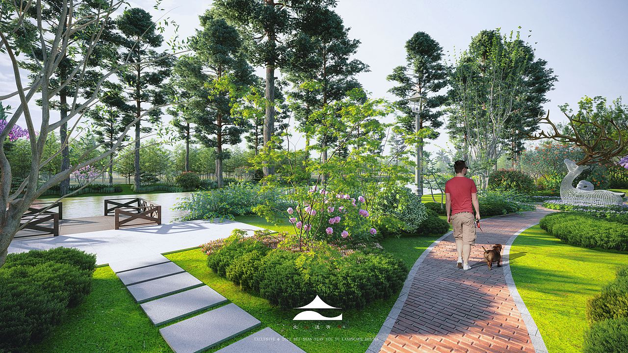 3dma建模 lunion ps后期这是之前制作的河塘周围的景观效果图设计