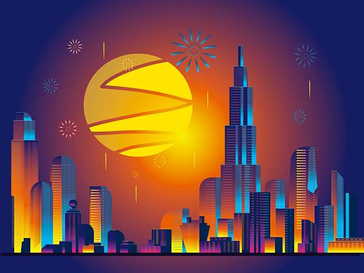  电子合成器蒸汽朋克风城市地标Synthwave&aporwave
