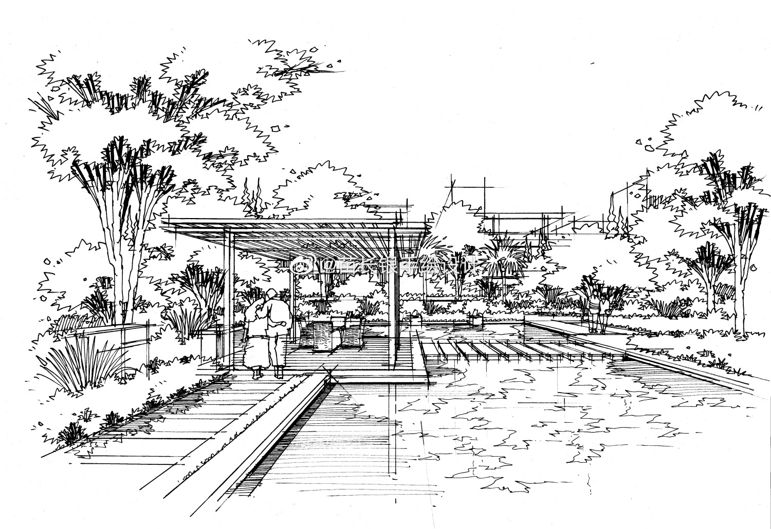 一点透视空间线稿庭院景观设计手绘郑州