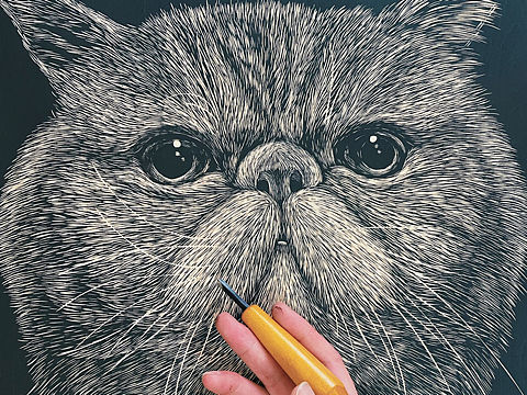 手工雕刻黑白木刻版画·猫咪