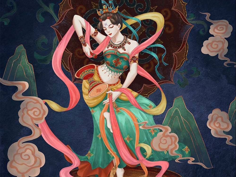 质感古风敦煌壁画打鼓飞天