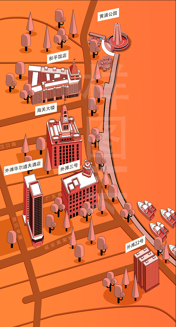 上海外滩.手绘地图.标志建筑物