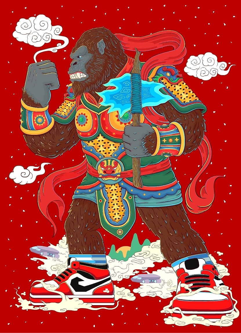 向成君原创画《哥斯拉大战金刚门神》