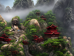 #AI創(chuàng)作實(shí)驗(yàn)室#懸崖上的中式閣樓和巨大的佛像