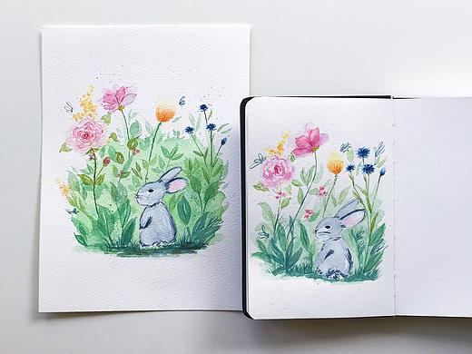 花丛里的小灰兔-手绘水彩（个人主页-ZMzc4NTEwMjQ=） - 新锐潮流插画 - 站酷设计师Frin丫丫原创素材 - 站酷ZCOOL