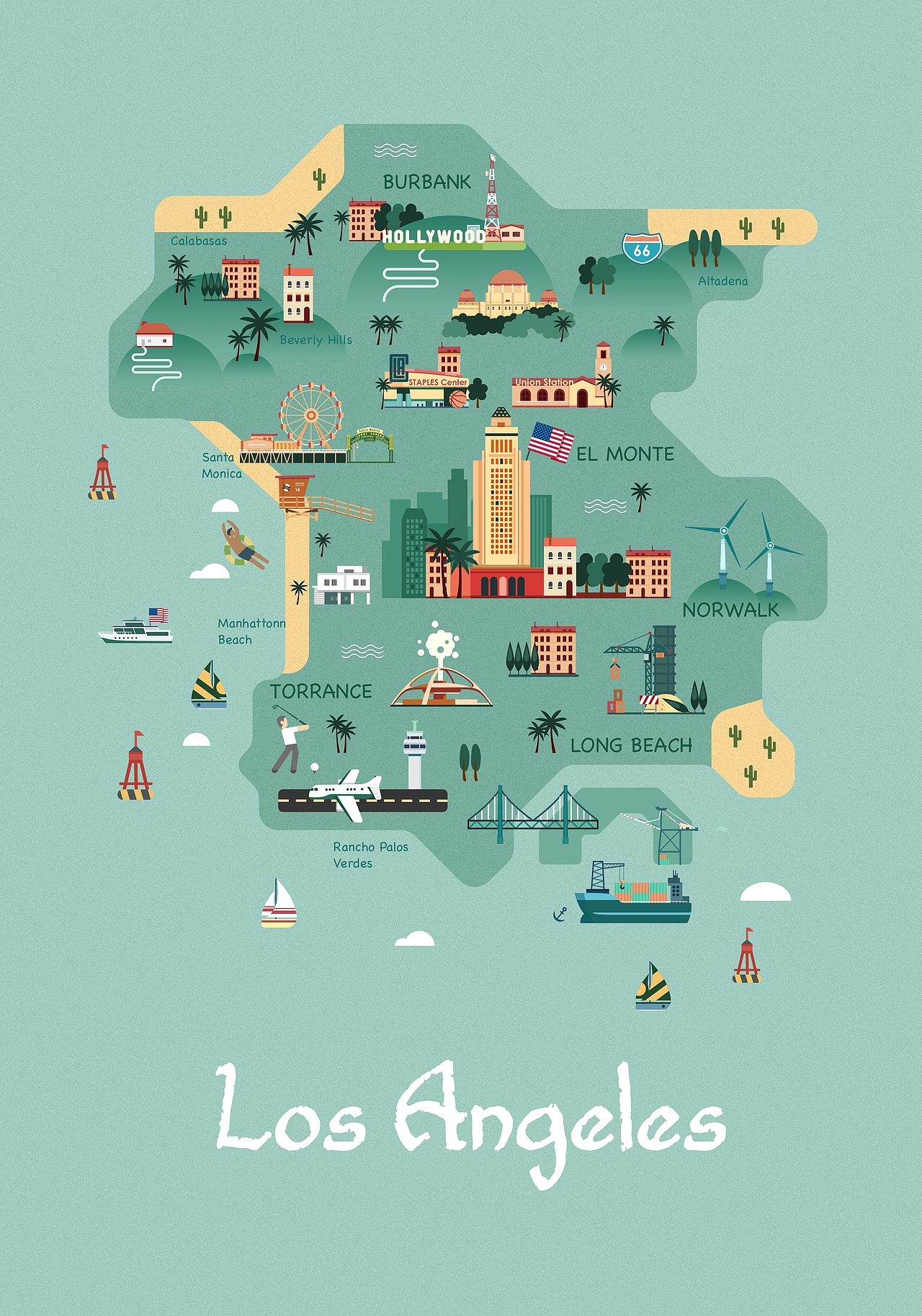 洛杉矶主题地图插画