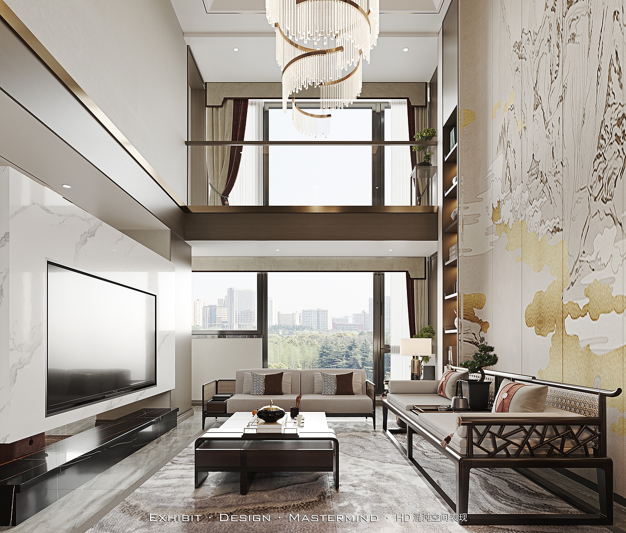 新中式挑空别墅客餐厅 ▏混沌空间写实表现原创