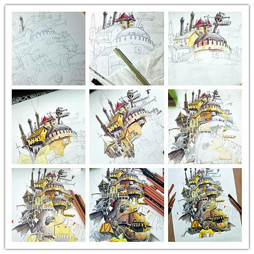 彩铅 哈尔的移动城堡（图ZOTgyNTM5OTY=） - 艺术插画 - 站酷设计师赵呵呵zz原创素材 - 站酷ZCOOL