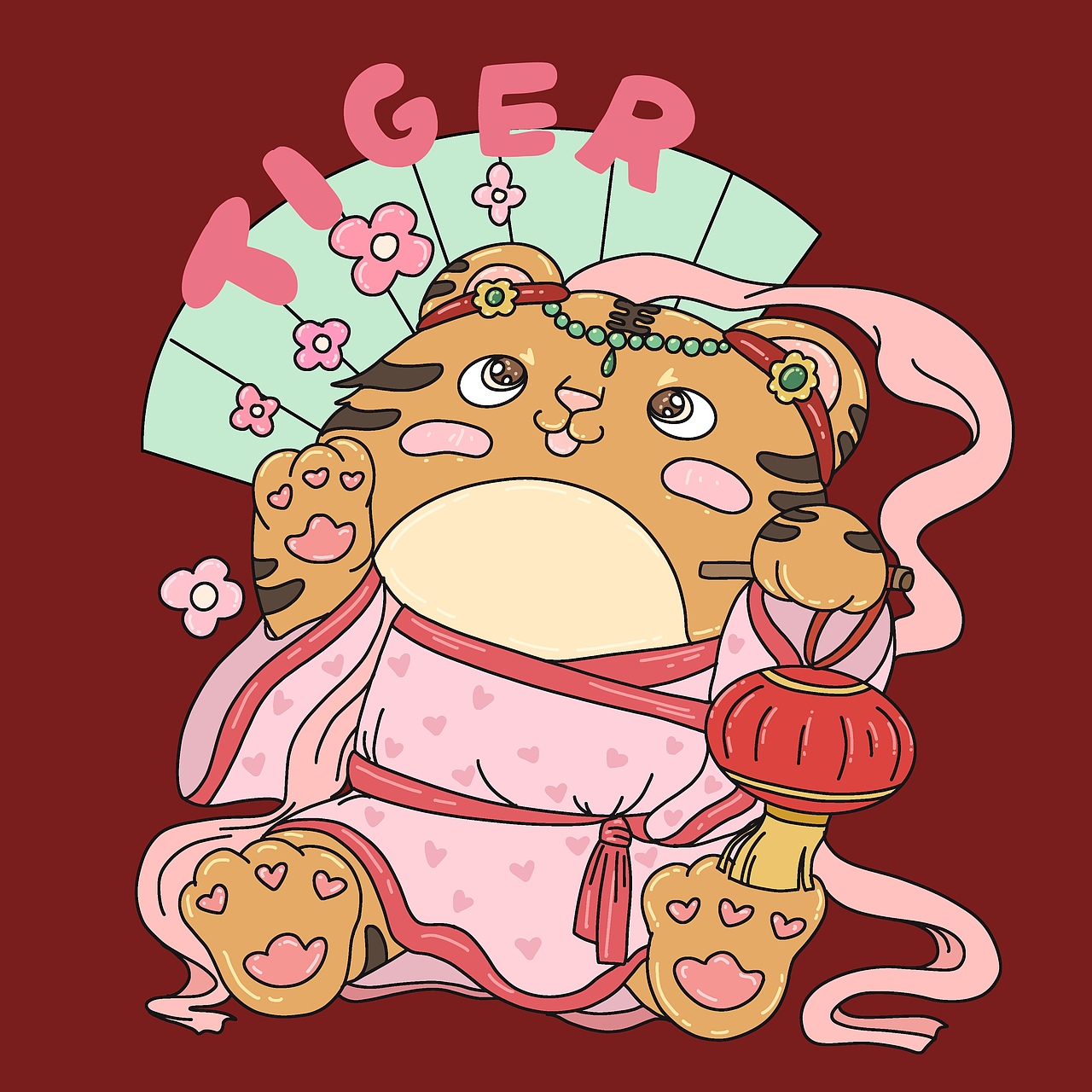 国潮描边风老虎插画图案