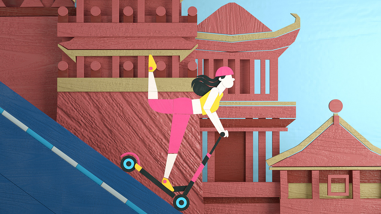 C4D共享脚踏车概念宣传片 小清新动画 中国风 简单模型