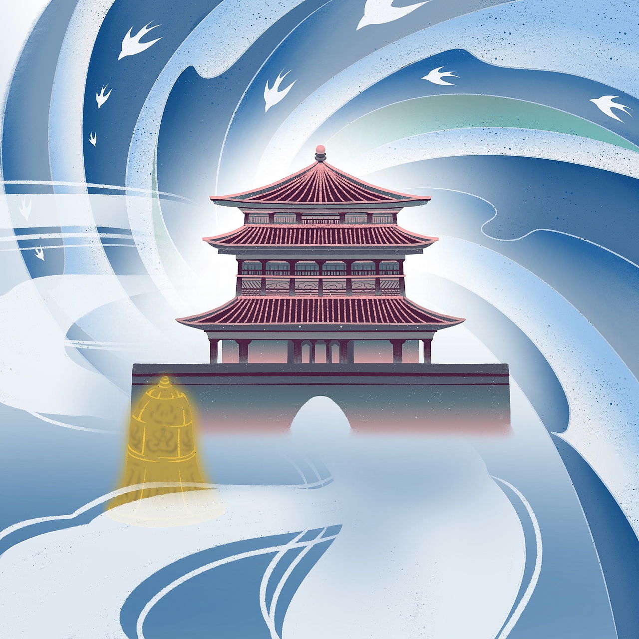 国风插画|华灯初上的钟鼓楼