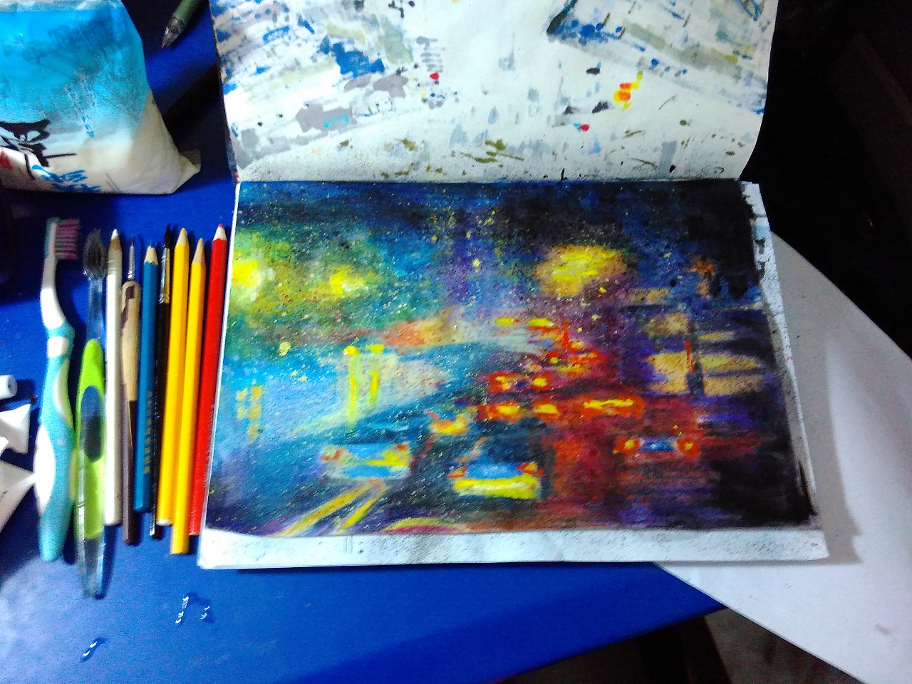 夜路 彩铅 丙烯 水彩画