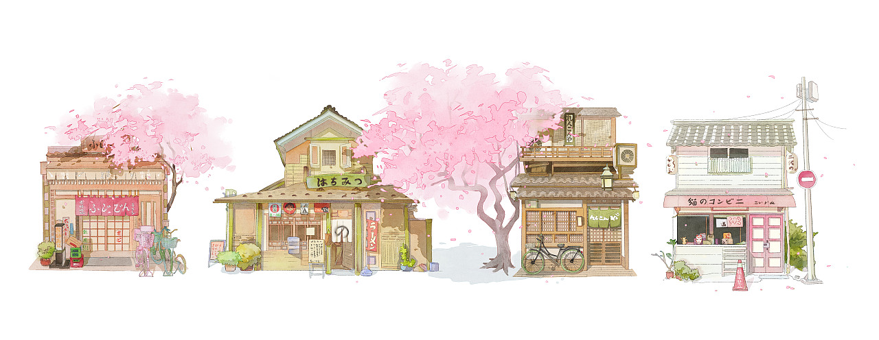 日式樱花小清新旅行插画