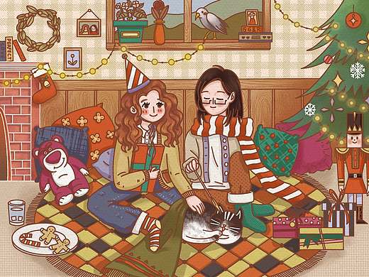 圣诞插画🎄室内温馨场景❤️附绘画过程