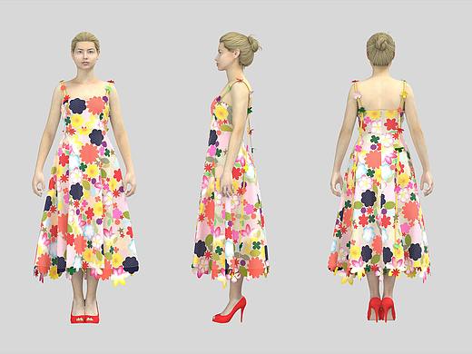 3D服装设计建模试穿刘亦菲花朵裙高定礼服走秀视频制作