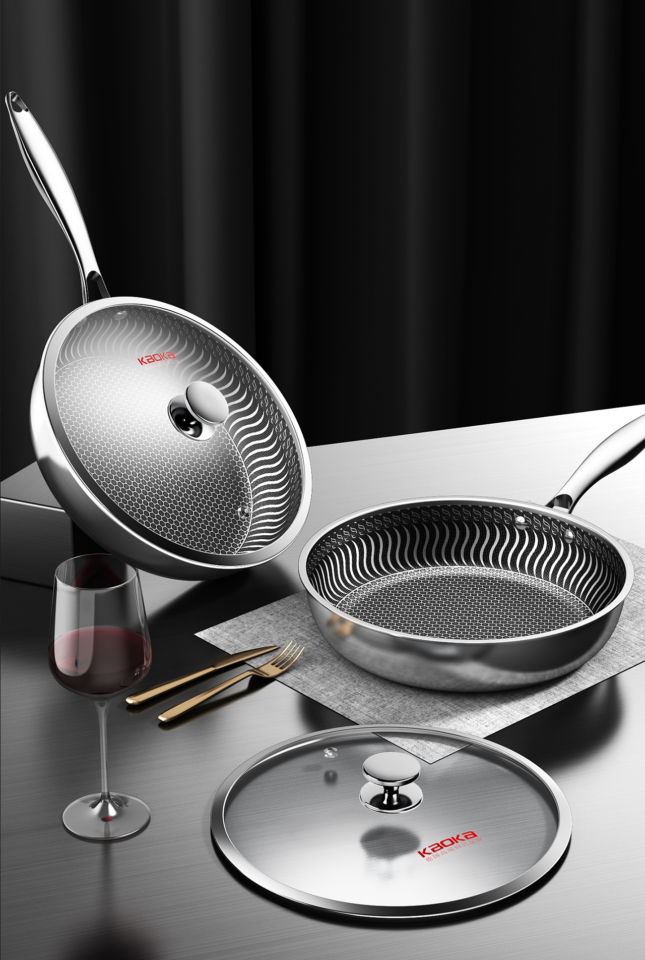 不锈钢厨具渲染煎锅蒸锅煮锅