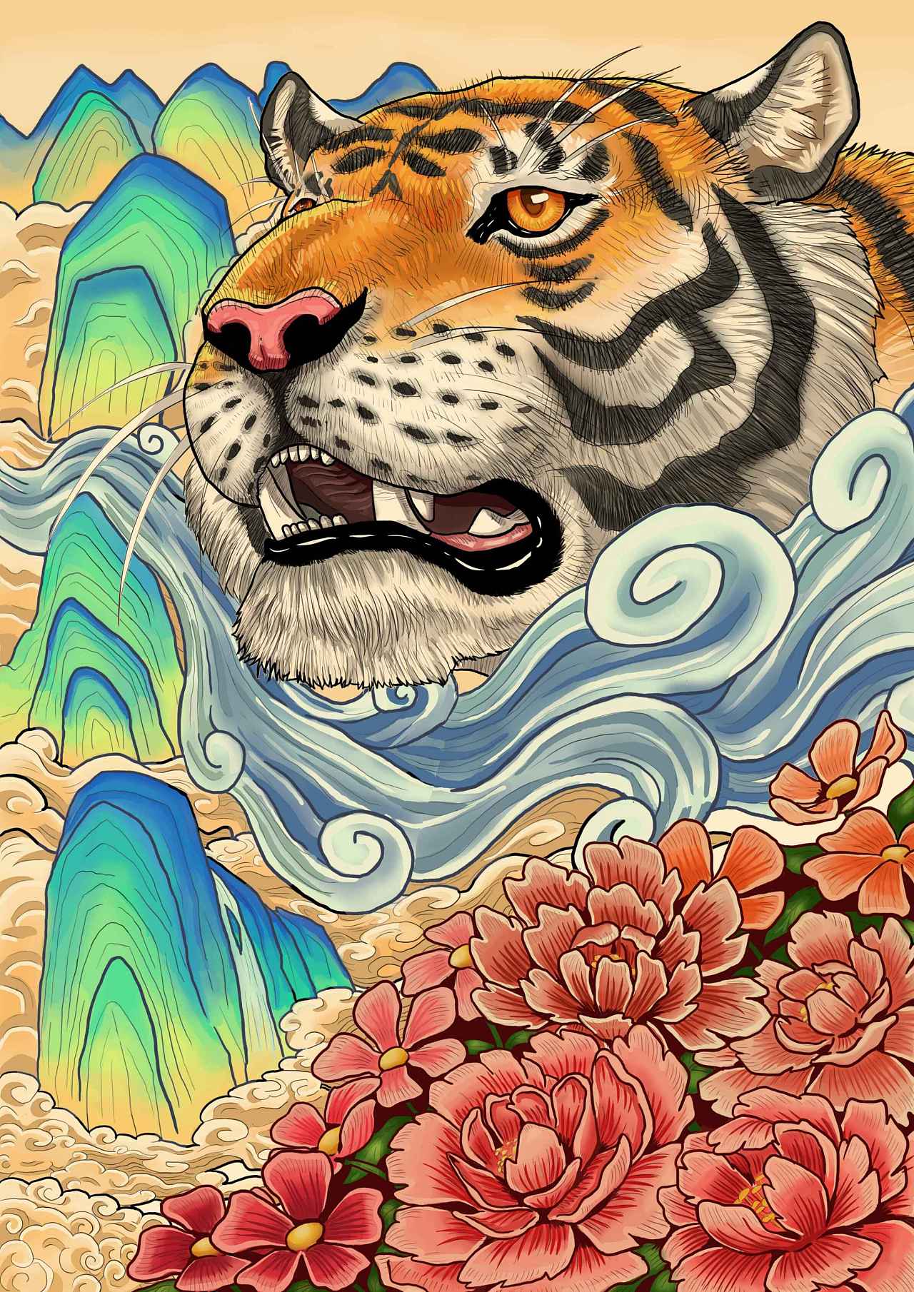 山水花丛中的猛虎,国潮插画|插画|创作习作|啸啸xd - 原创作品 - 站酷