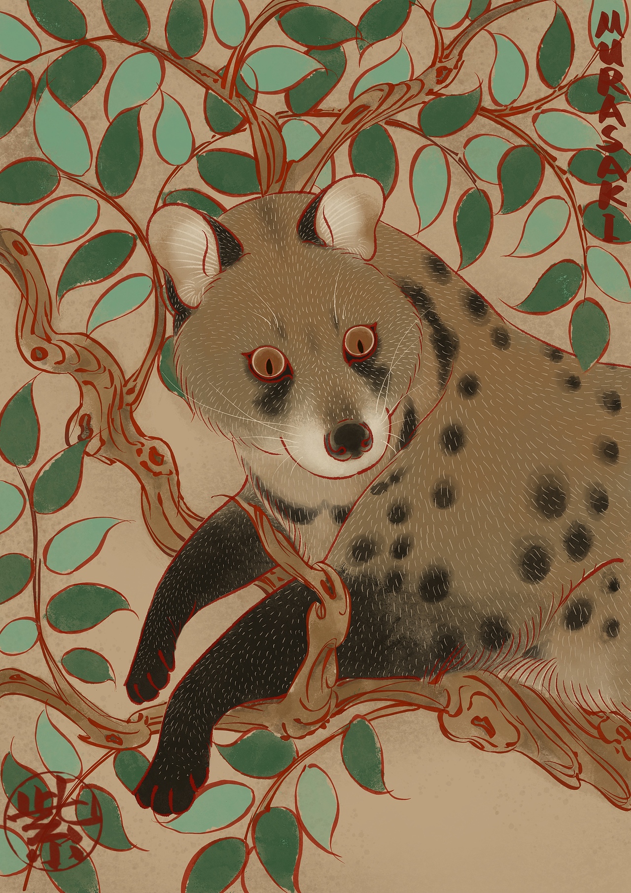 国风动物插画：树上的胖灵猫，绿孔雀和她的孩子（图ZMjExNjMxMjg0） - 创作习作 - 站酷设计师murasaki阿紫原创素材 - 站酷ZCOOL