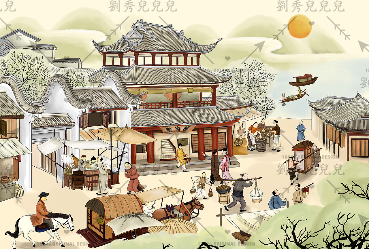 中式画风,呈现出中国古代市集的繁华热闹广州/插画师/2年前/2242浏览