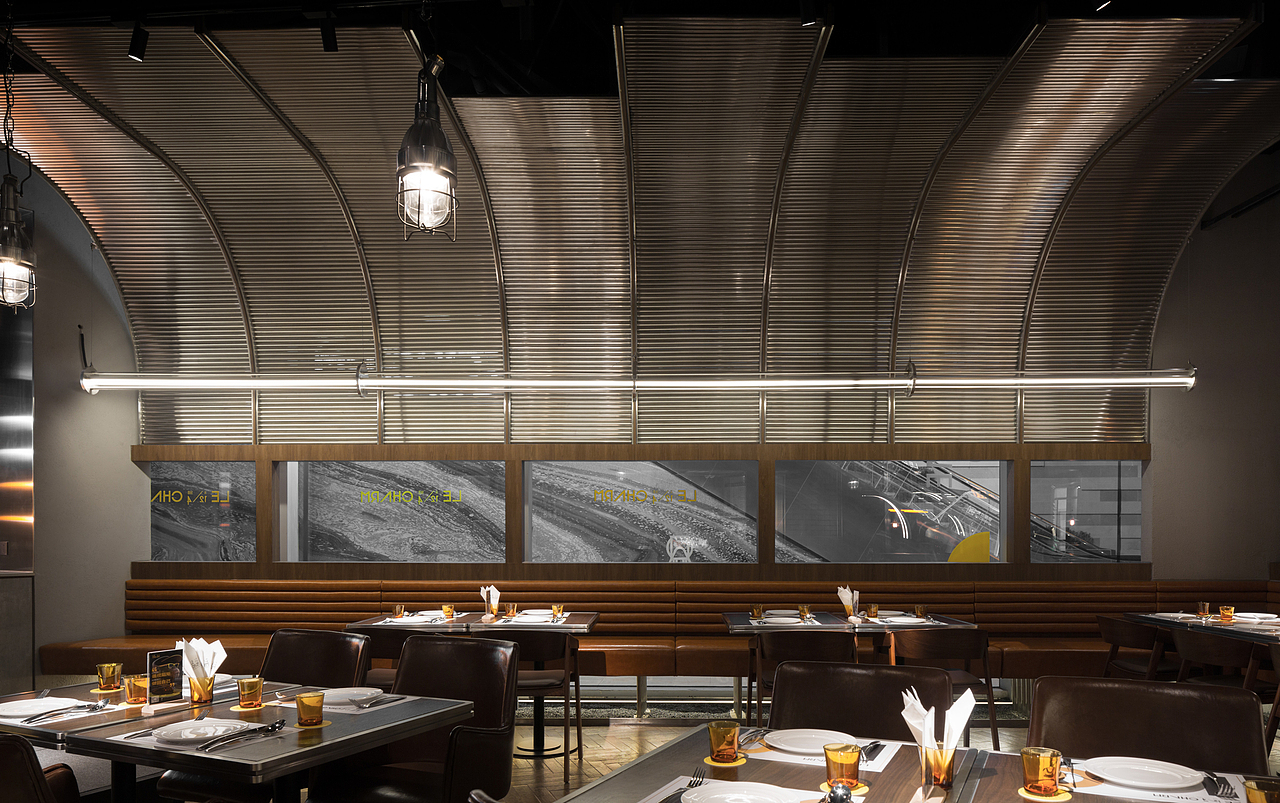 飞船隐藏在商场的LG层，半室外的环境让基地拥有了舒适的自然光线，而金属管表皮则将阳光层层过渡，使其与室内光源融合，进一步突出光的魅力不锈钢装置强调了飞船的结构骨架，均匀的反射光营造了柔和的光环境，皮革和木头则为顾客提供了温度感。