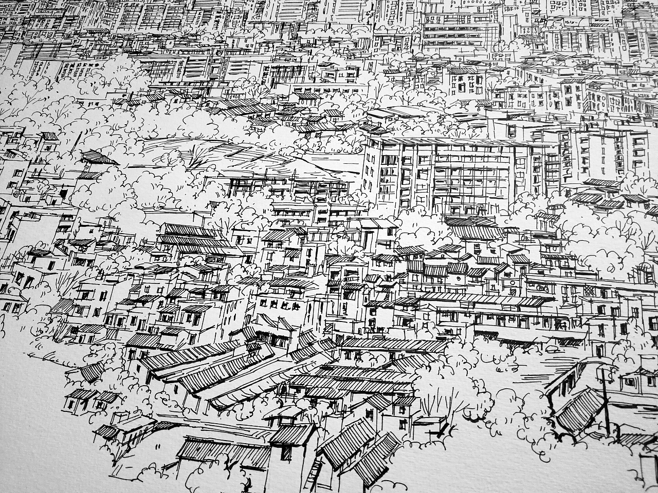 钢笔画 英德全景