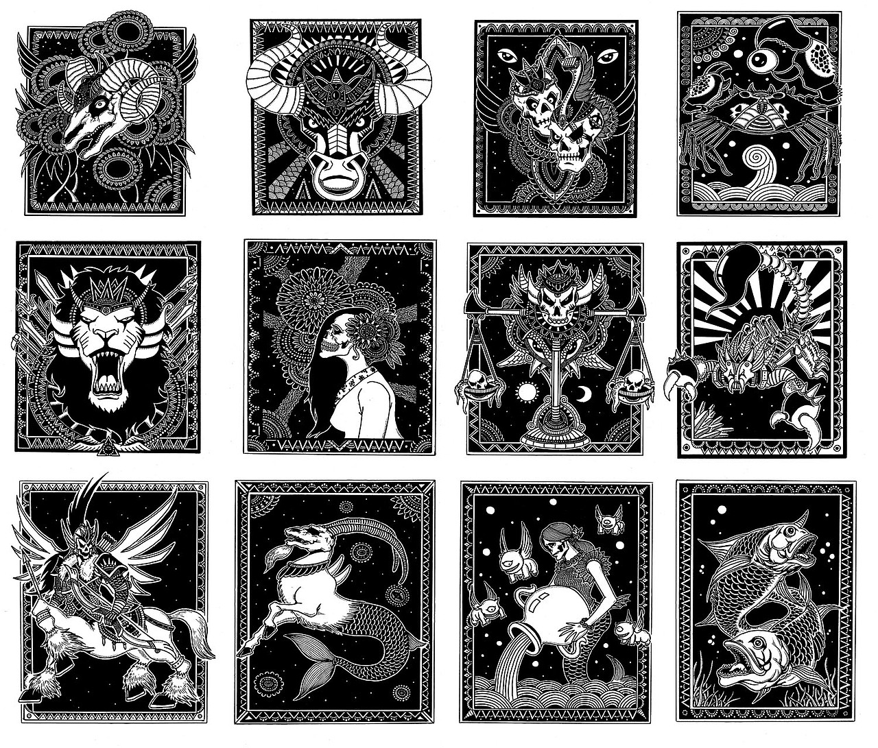 黑白纯手绘—暗黑星座系列 附绘制过程（图ZMTkwMDAyMTY=） - 新锐潮流插画 - 站酷设计师墩小贤原创素材 - 站酷ZCOOL