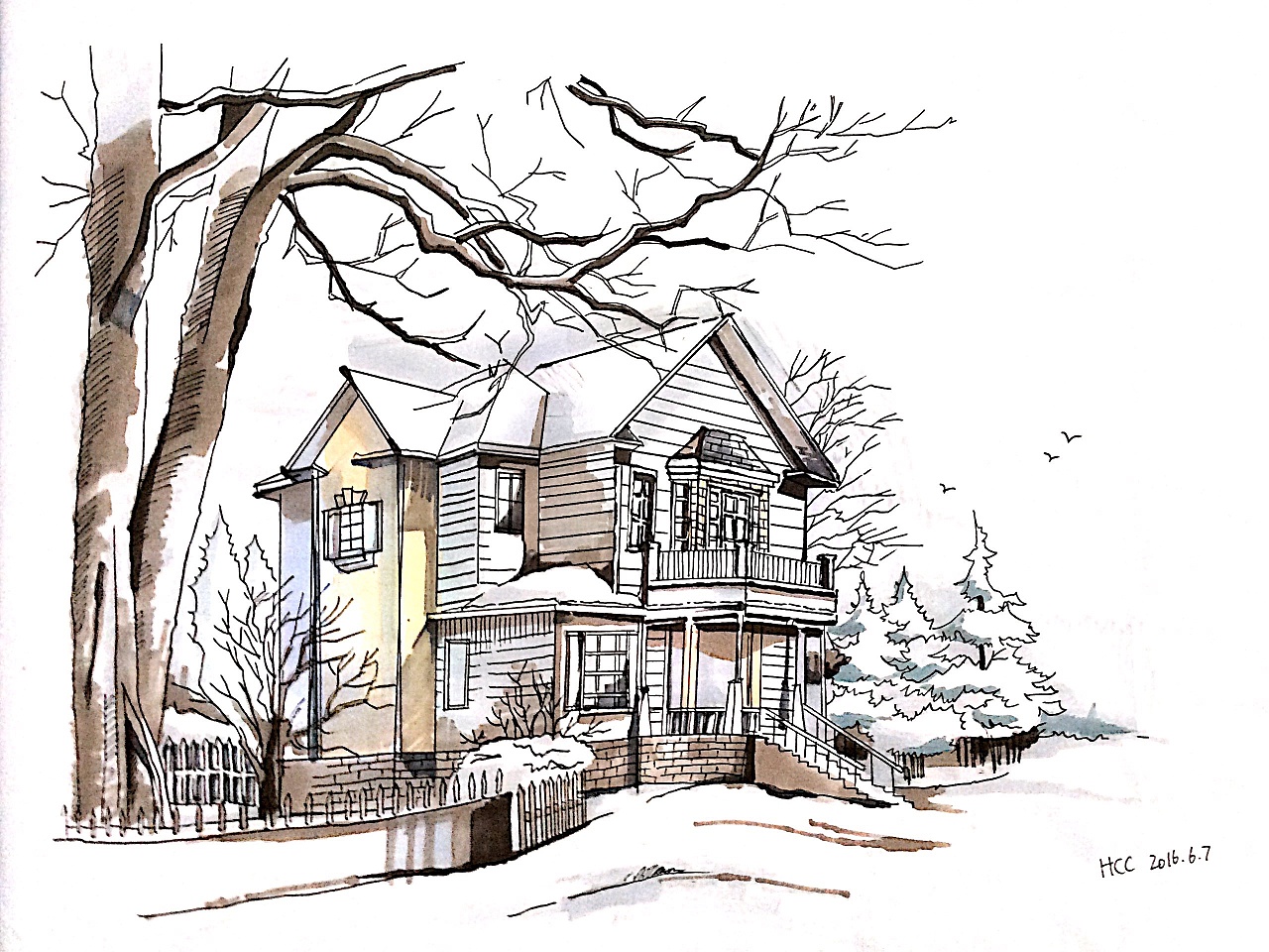 钢笔淡彩小房子 线稿+上色|纯艺术|钢笔画|木子水彩MZ - 原创作品 - 站酷 (ZCOOL)