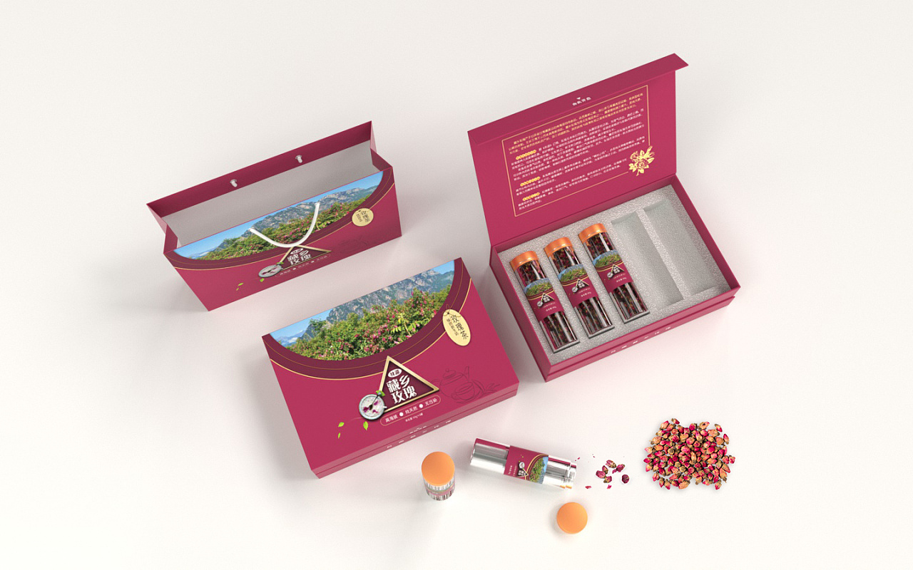 玫瑰花茶礼盒包装设计渲染