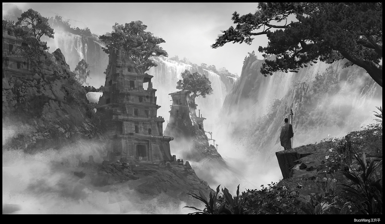 [黑白value场景起稿练习]——失落的庙宇