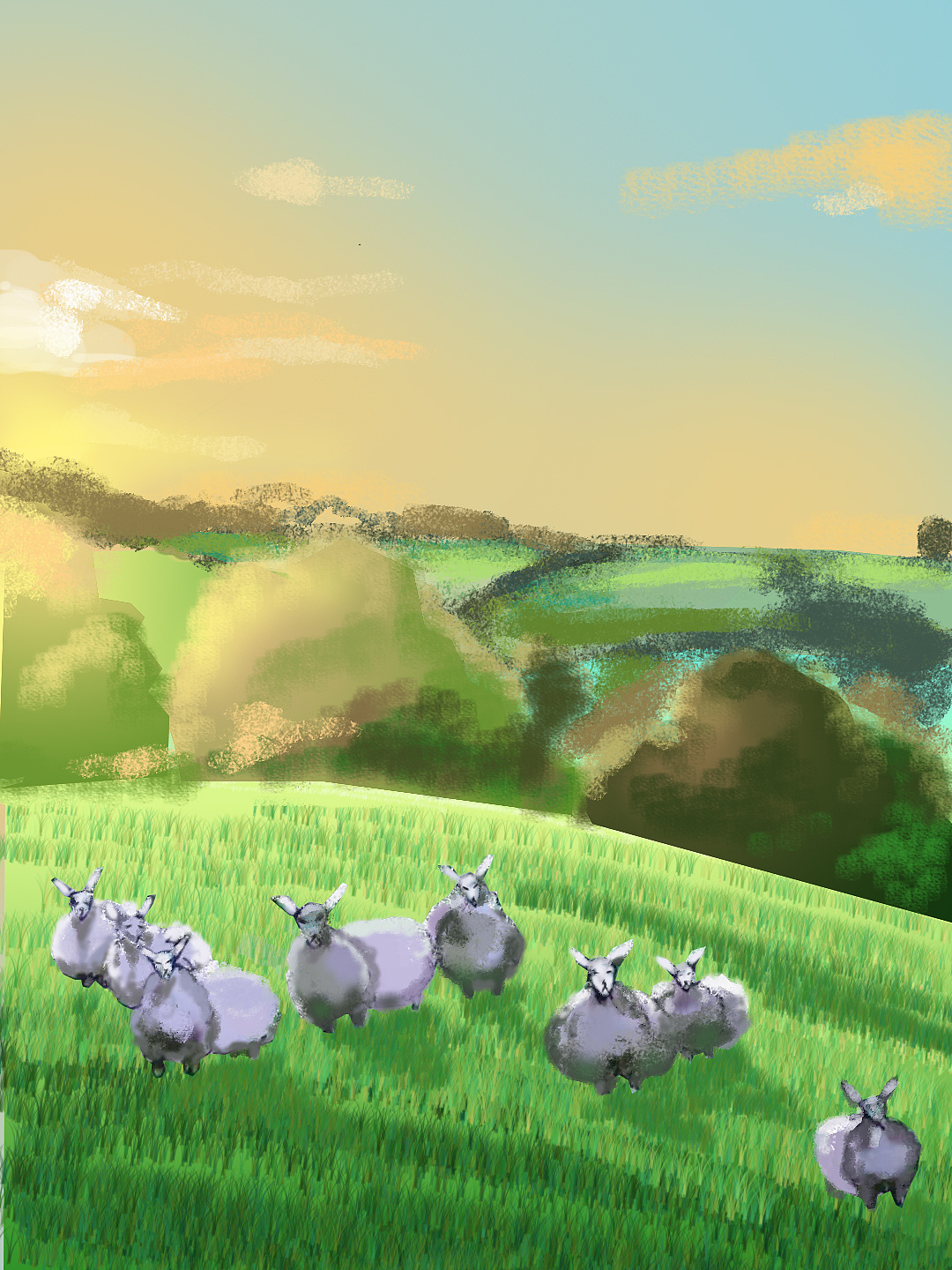 草原上的羊群绘画图片