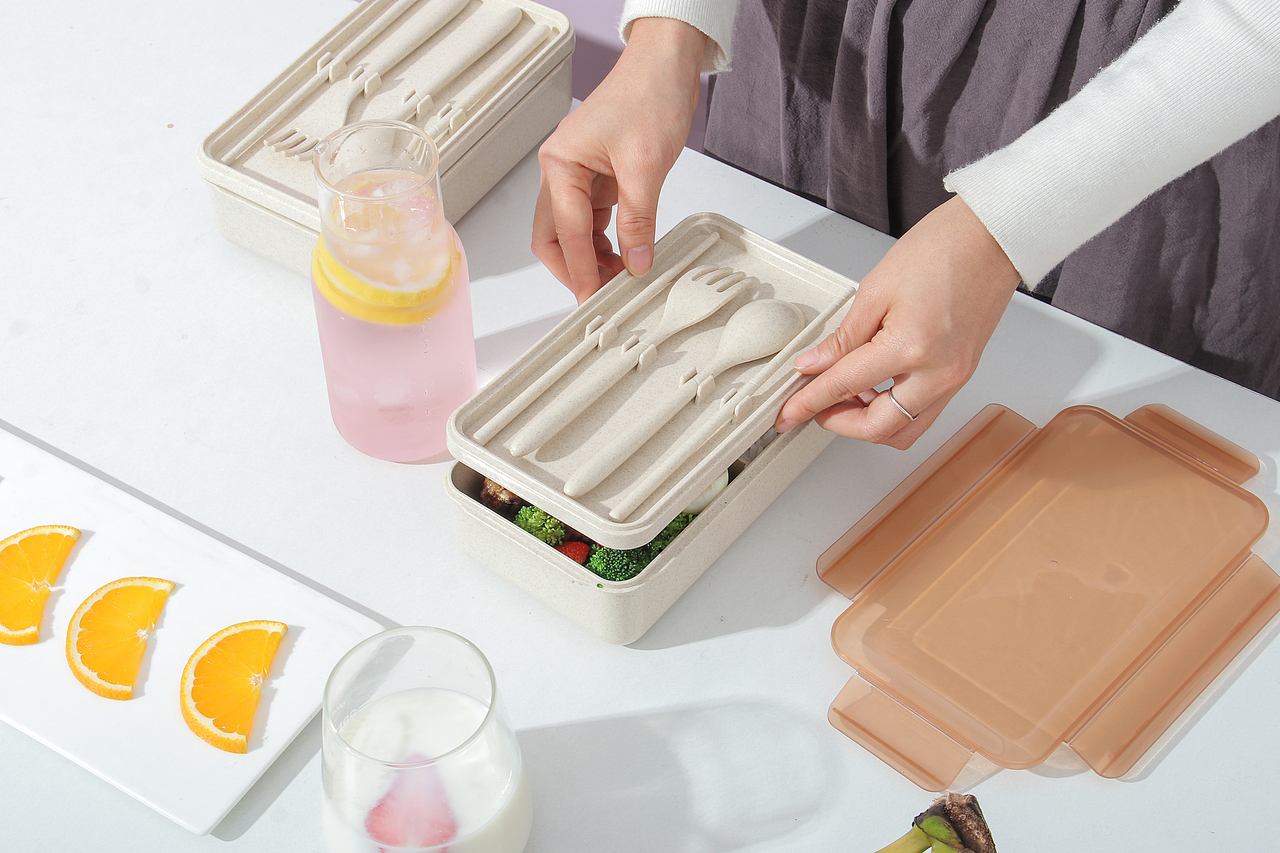 分隔饭盒拍摄 小麦饭盒套装 北欧风